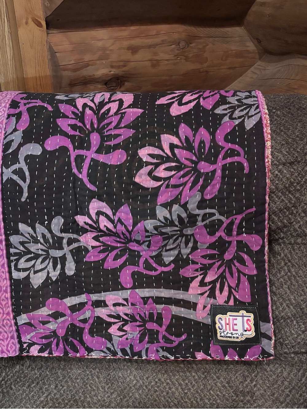 Black & Purple Floral Quilted Cotton KanthaThrow